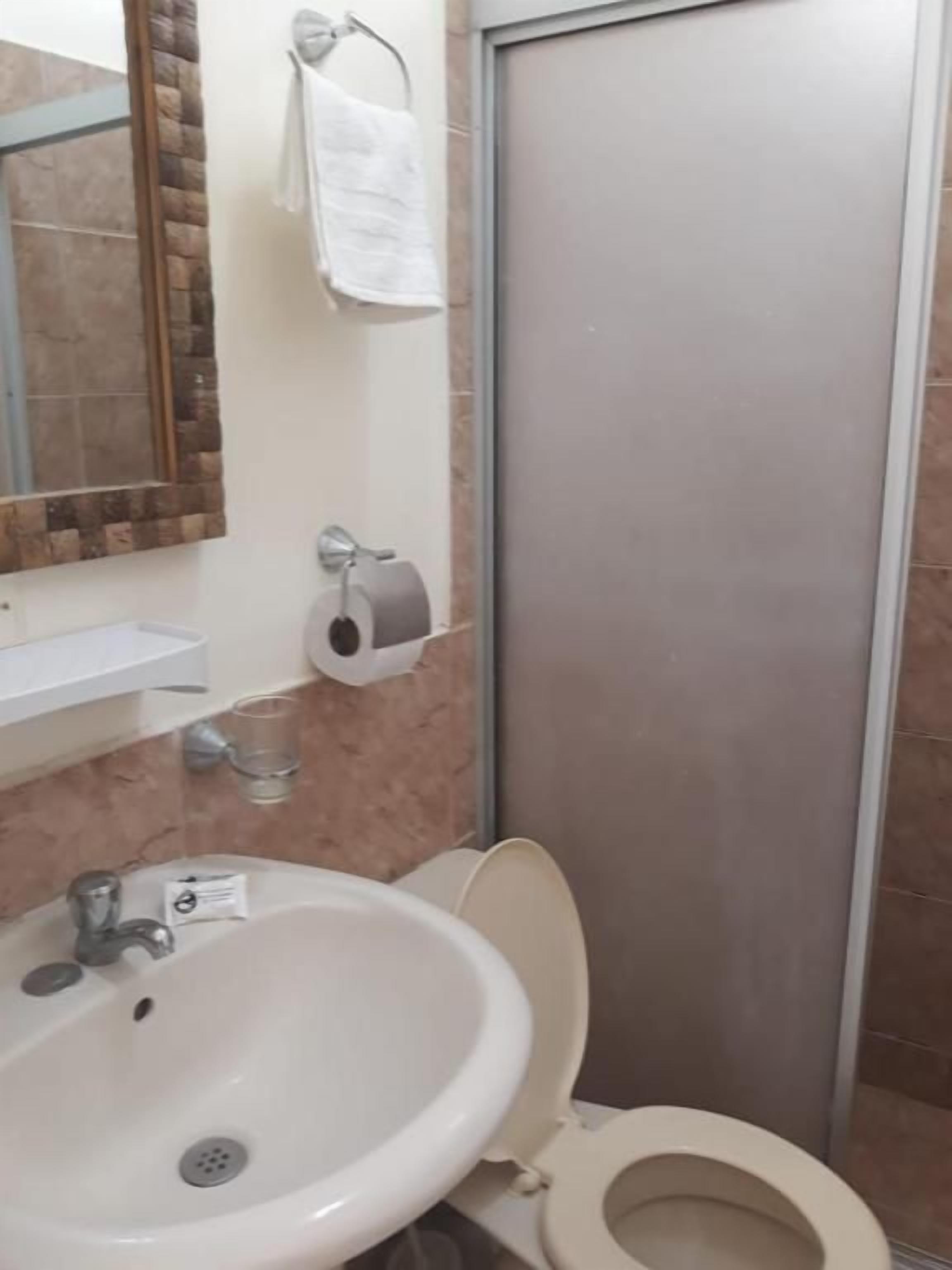 Un baño con lavamanos, inodoro y perchero para toallas.