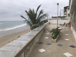 A coastal walkway with a palm tree, a planter with flowers, and a building with balconies.