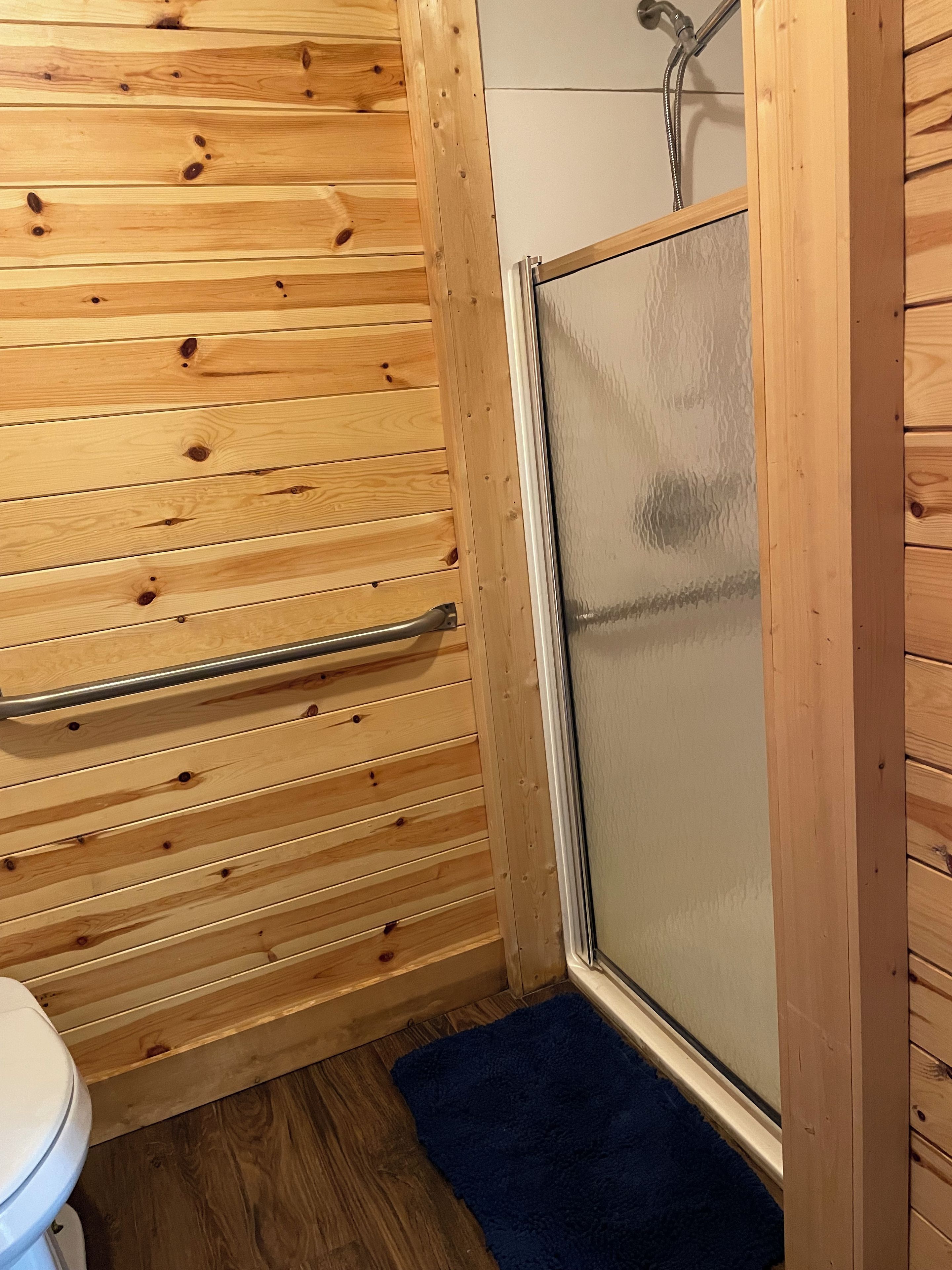 A wooden interior with a shower enclosure, a handrail, and a blue rug.