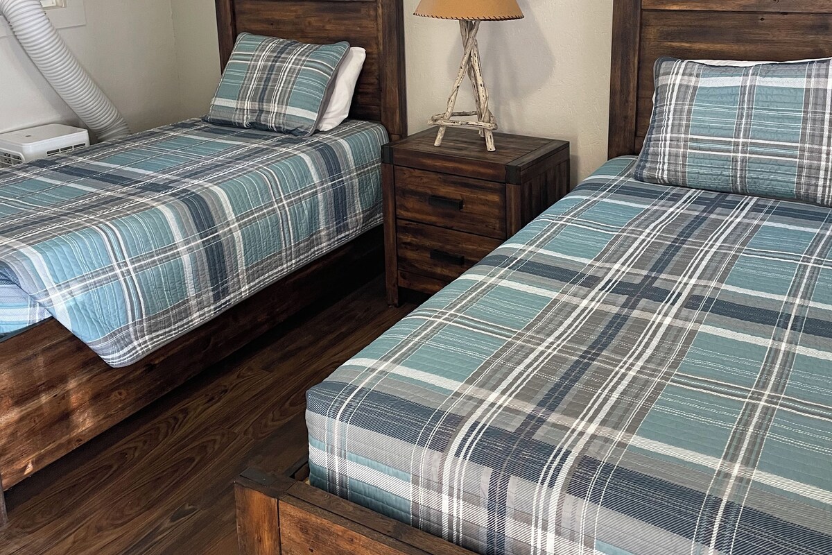 Un dormitorio con dos camas, una mesita de noche con lámpara, un cuadro en la pared y una ventana con cortina.