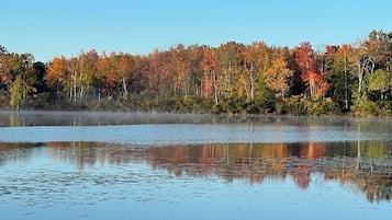 Un lago sereno con reflejos de árboles y un cielo despejado.