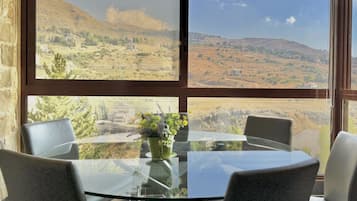 Una habitación con una mesa y sillas de vidrio, una planta en maceta y vistas a un paisaje montañoso.