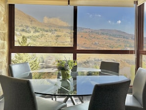 Ein Zimmer mit einem Glastisch und Stühlen, einer Topfpflanze und Blick auf eine hügelige Landschaft.