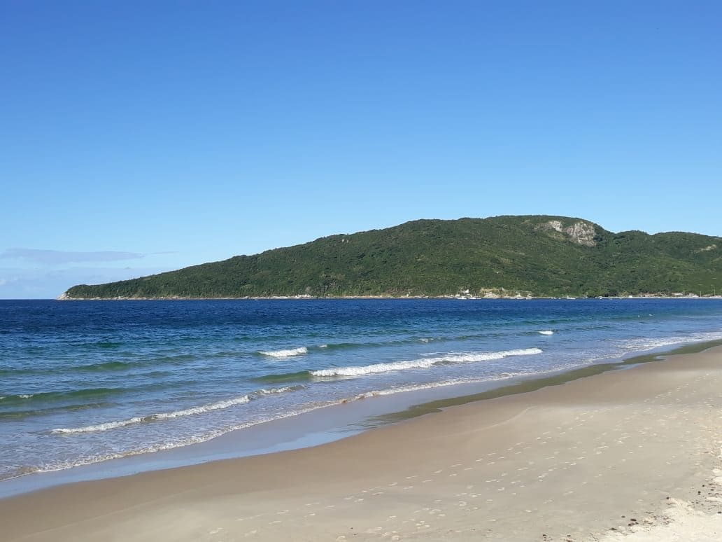 Una playa con aguas azul cristalino y una colina verde al fondo.