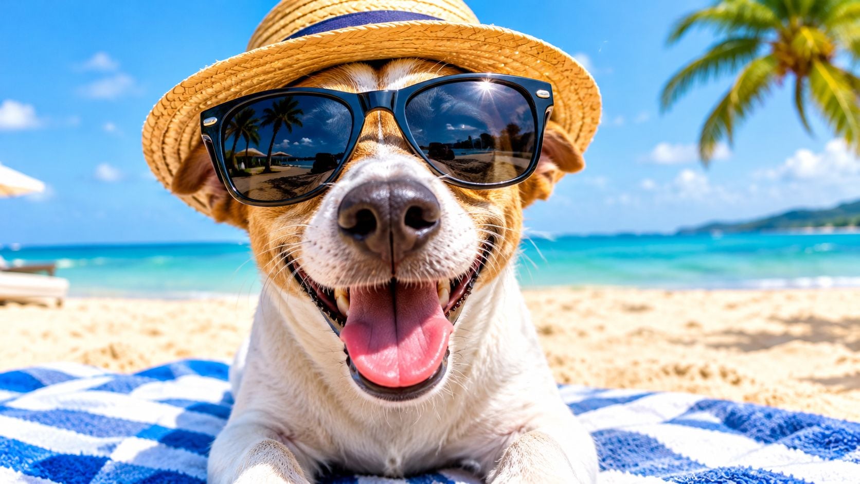 A dog wearing sunglasses and a straw hat, lying on a beach towel.
