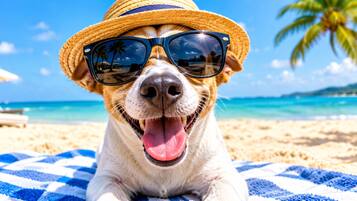 A dog wearing sunglasses and a straw hat, lying on a beach towel.