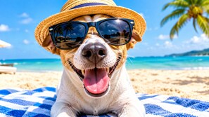 Un perro con gafas de sol y sombrero de paja, acostado sobre una toalla de playa.