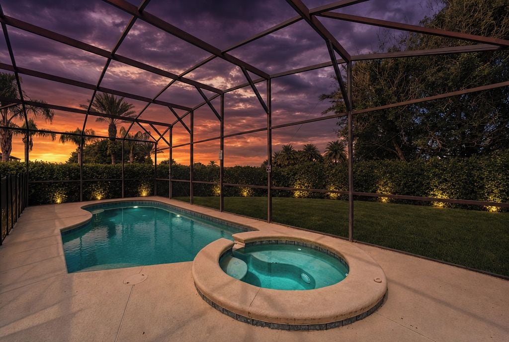 A swimming pool with a hot tub, surrounded by a covered area with a view of trees and a sunset.