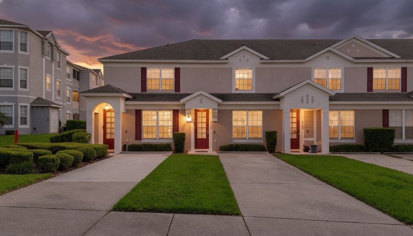A multi-story residential building with a symmetrical facade, a central entrance, and a well-maintained lawn.