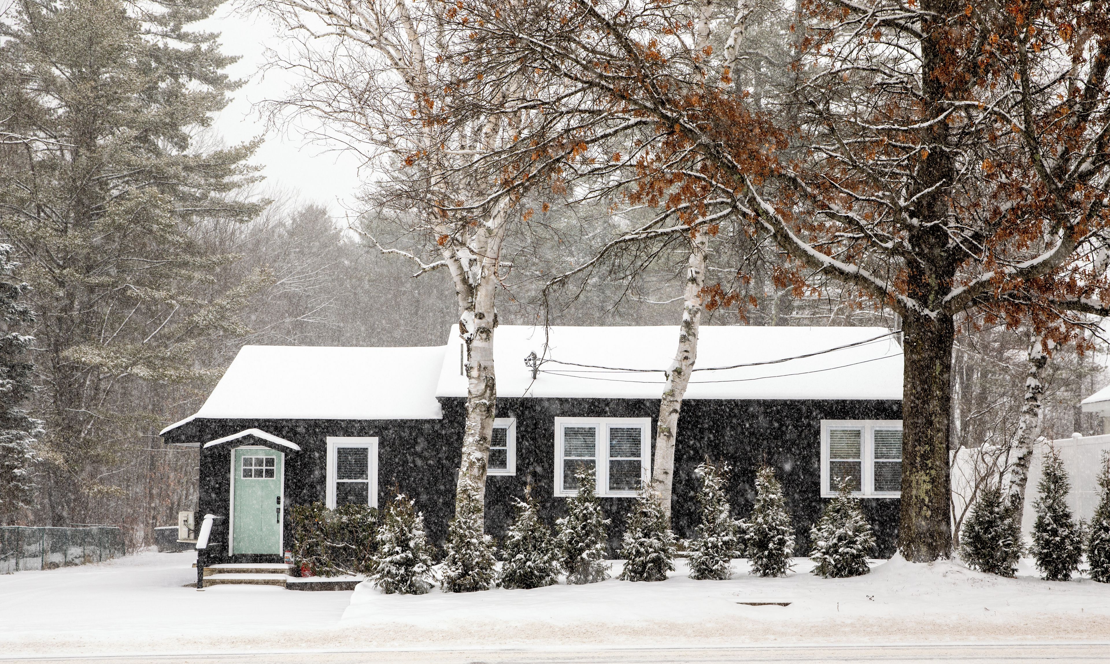 A snow-covered house with a green door, white windows, and a snow-covered roof.