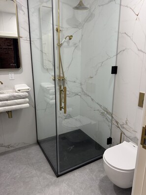 Ein modernes Badezimmer mit einer Glastrennwand-Dusche, einer weißen Toilette und Marmorwänden.
