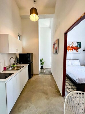 A narrow hallway leading to a bedroom with a bed, a small kitchen area with a sink and cabinets, and a potted plant. - Nando's Place 3 - Charming 1BR Apt near Old San Juan and Beach (San Juan)