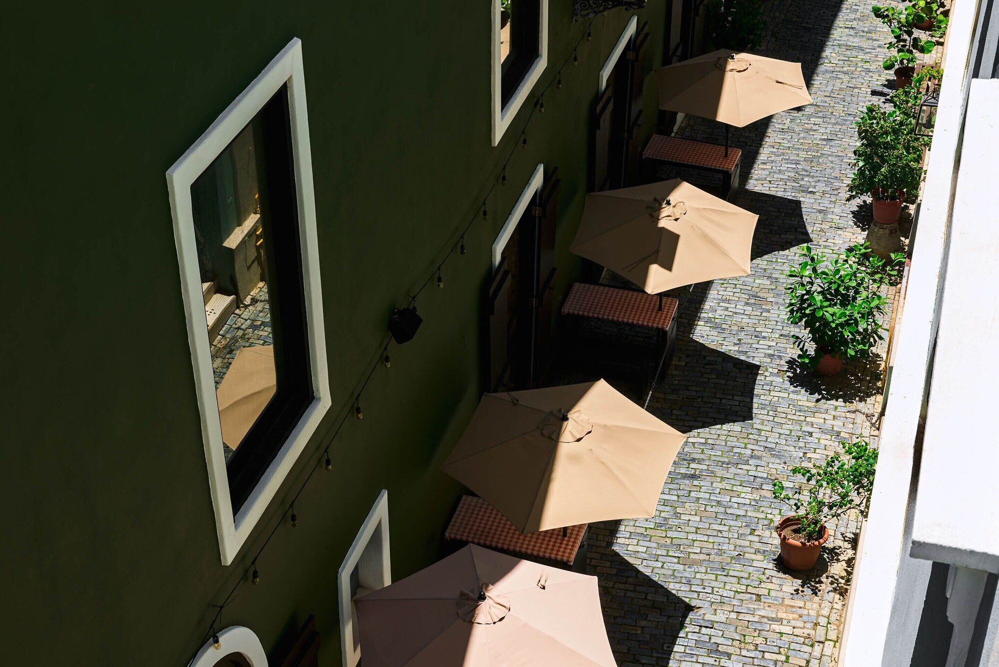 Une cour avec des espaces aménagés pour s’asseoir à l’extérieur et des plantes en pot.