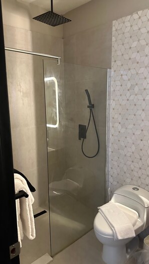 Un bany modern amb dutxa envidriada, vàter i paraigua de tovalloles.