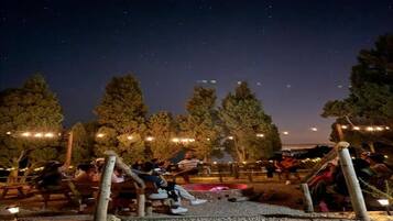 An outdoor seating area with tables and chairs, surrounded by trees and string lights.