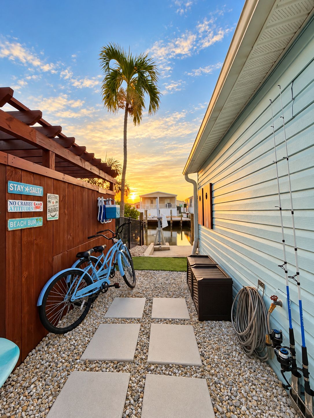 Cercado de madeira com placas, uma bicicleta azul, calçada pavimentada e uma casa com um píer.