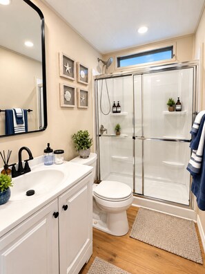 A modern bathroom with a glass-enclosed shower, a white toilet, and a vanity with a mirror. - Casita Azul - Pine Island Waterfront Retreat • Kayaks, Fishing & Outdoor Lounge (Saint James City)