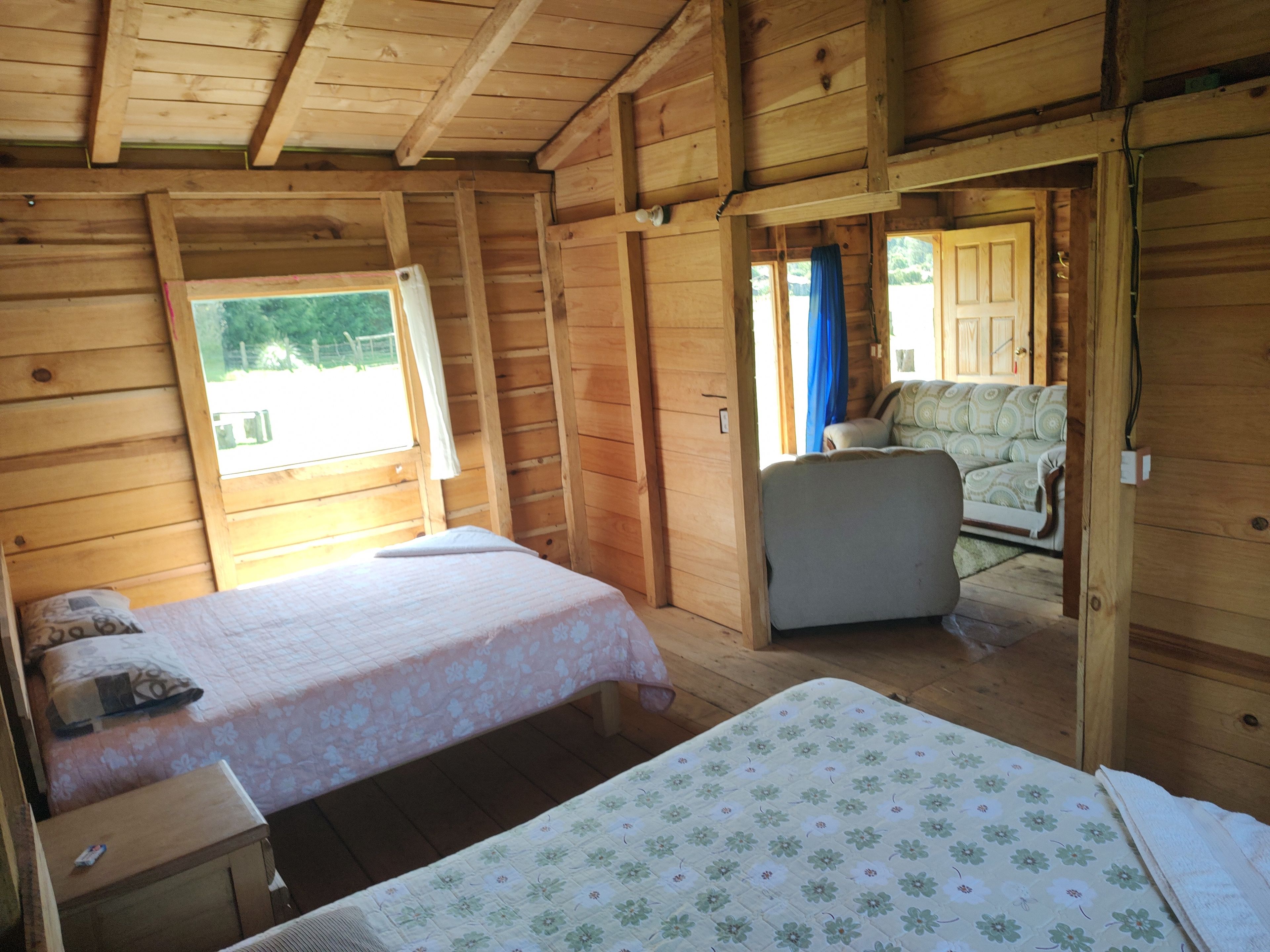 A wooden cabin with two beds, a sofa, and a window.