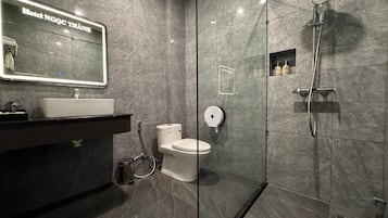 A modern bathroom with a glass-enclosed shower, a white sink, and a toilet.