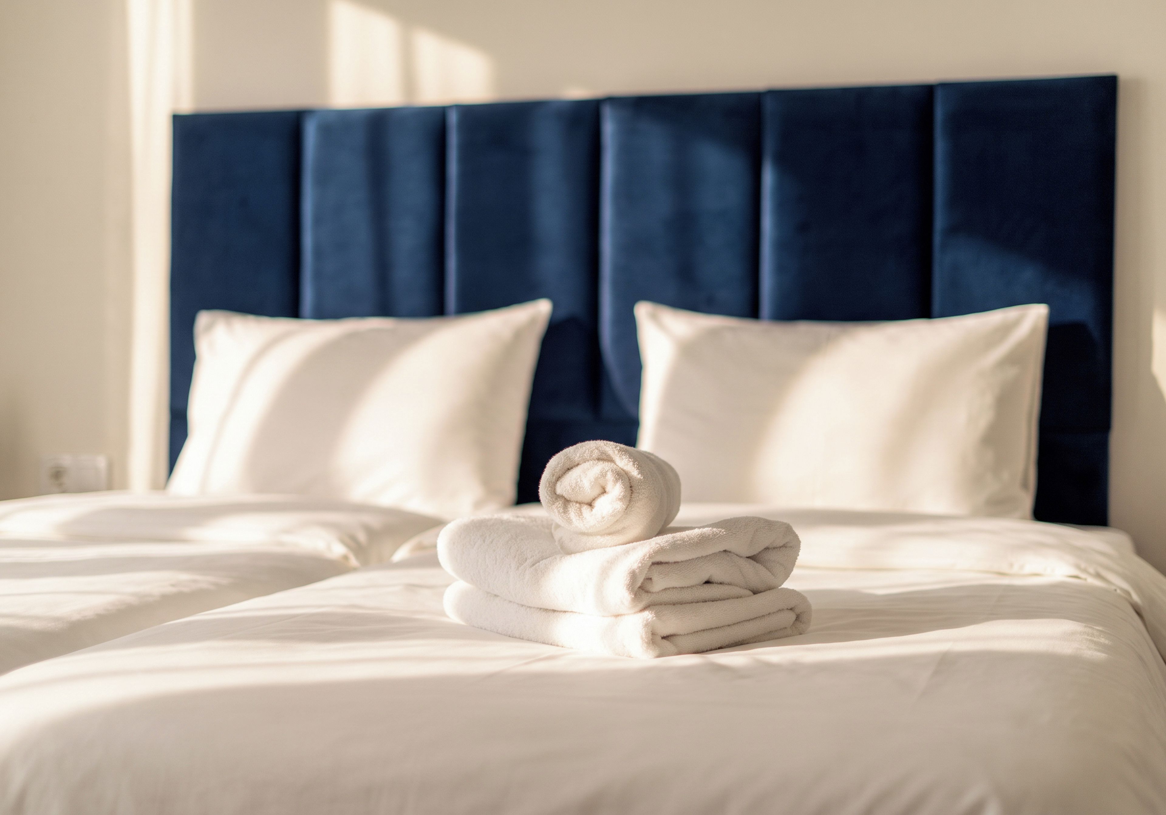 A neatly made bed with white linens and a stack of folded towels.