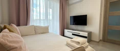 A hotel room with a bed, a television, a wardrobe, and a door.