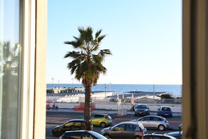 On voit un palmier, une plage et des voitures garées.