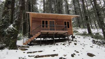 Una cabaña de madera con una escalera que lleva a una terraza, rodeada por un bosque cubierto de nieve.
