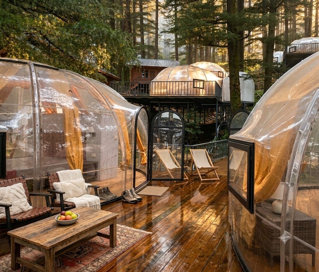 A transparent dome structure with a wooden floor, seating area, and a small table with fruit.