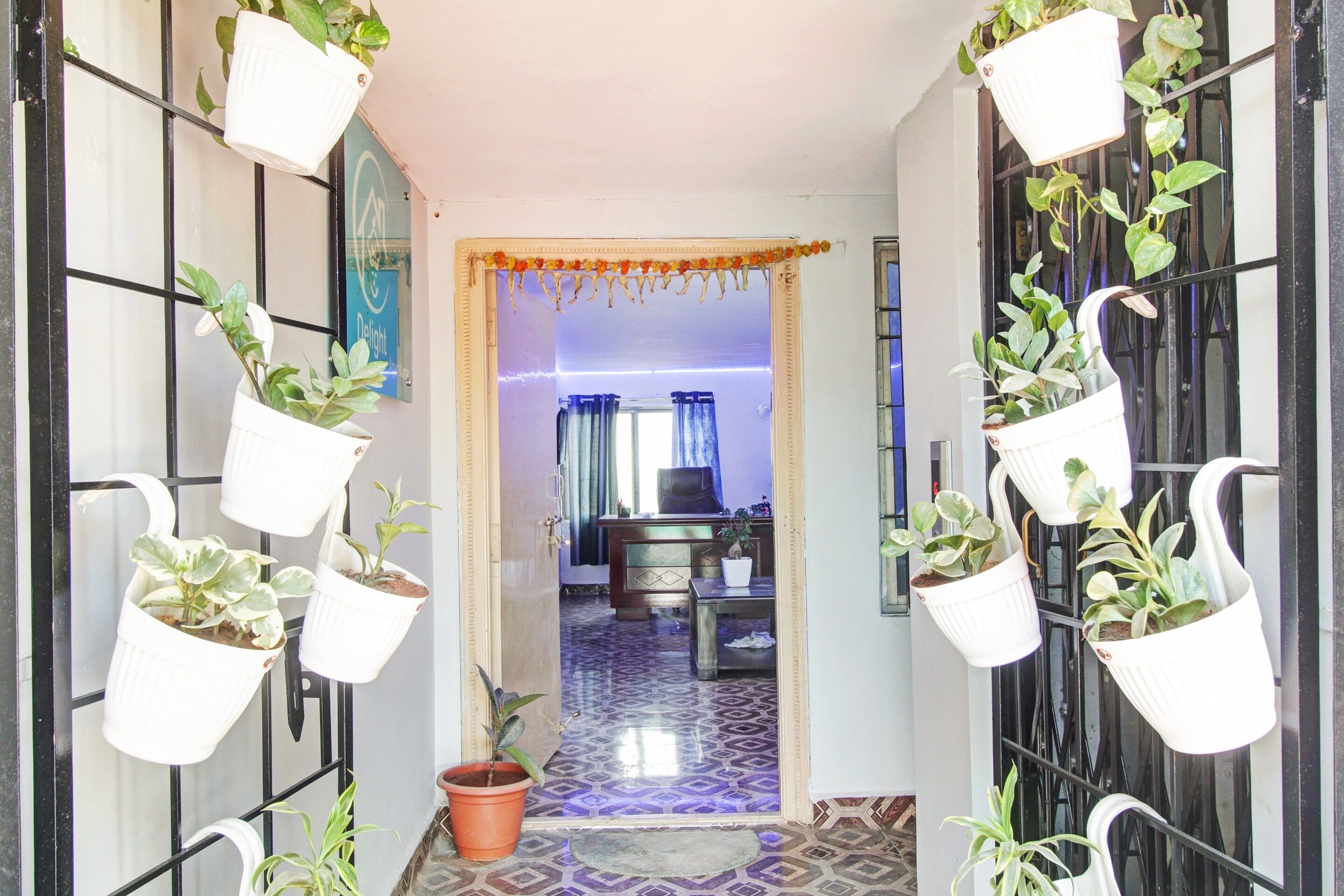 Passadís amb plantes en testos a ambdós costats, que condueix a una habitació amb terra estampada i un televisor al fons.