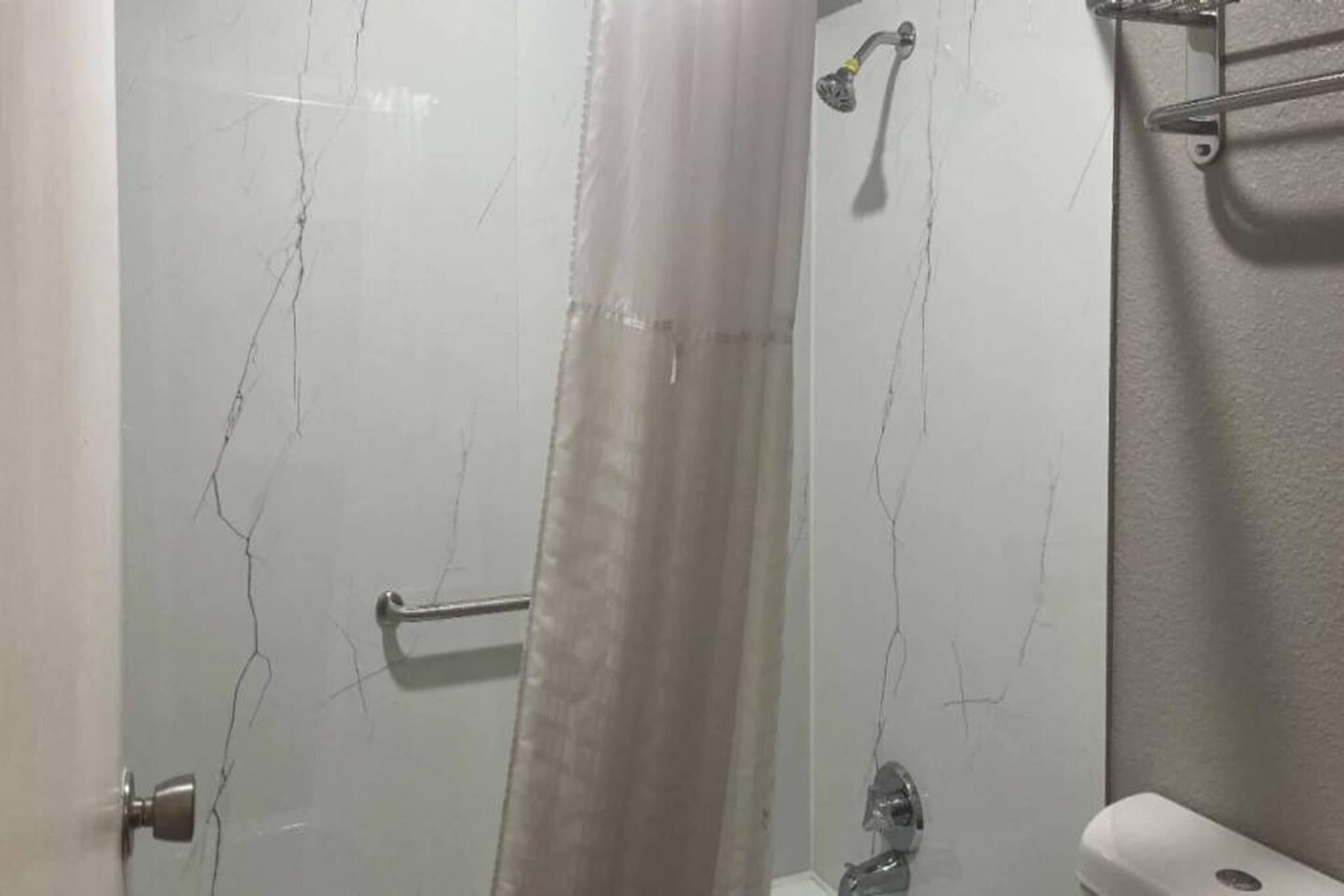 Une salle de bain avec une douche, un porte-serviettes et des toilettes.