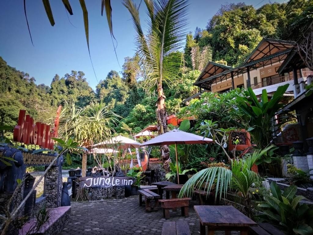 A Jungle Inn with outdoor seating, surrounded by lush vegetation and a mountain backdrop.