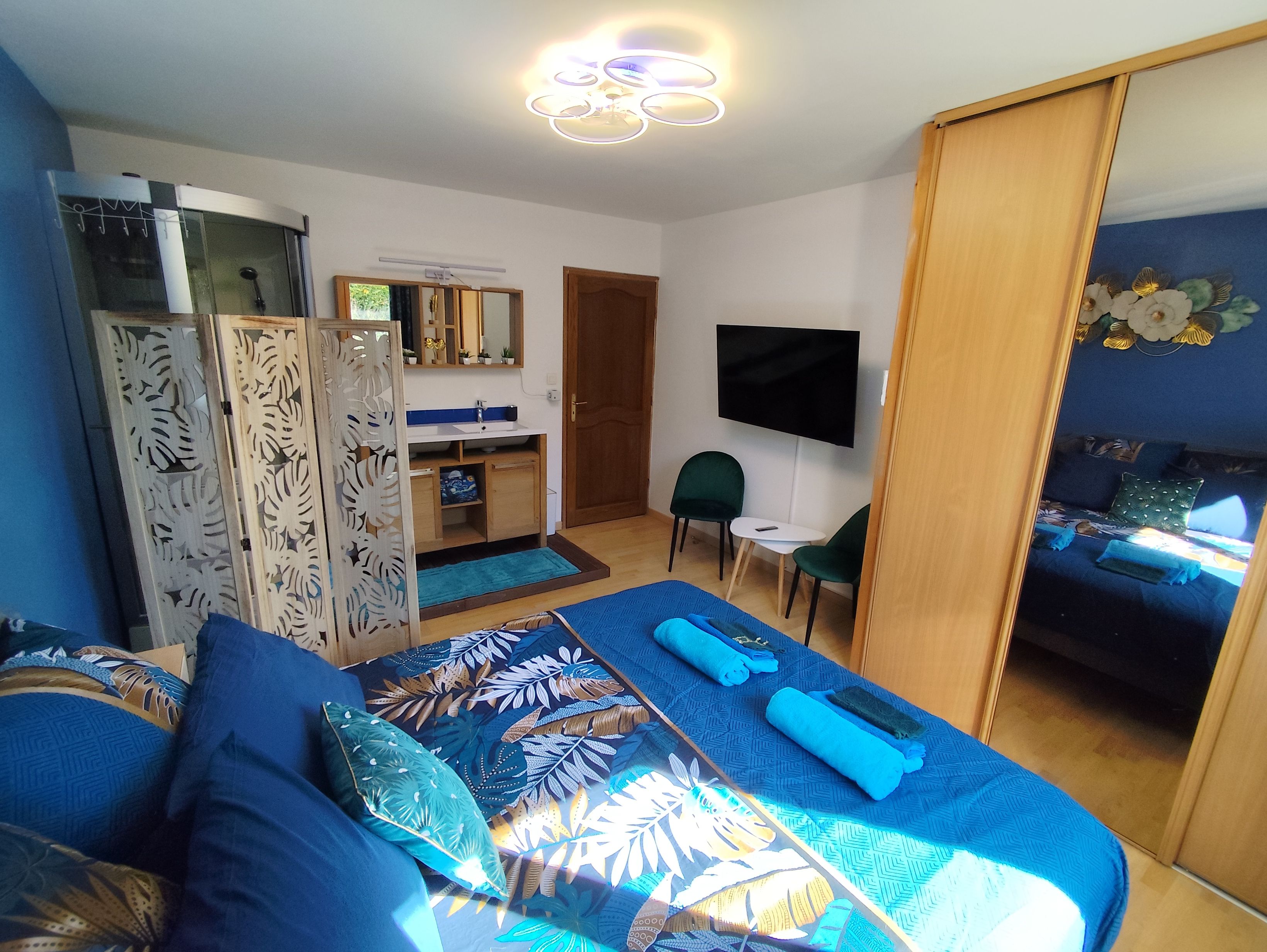 Ein Schlafzimmer mit einem Bett, einem Schreibtisch, einem Fernseher und einem Kleiderschrank.