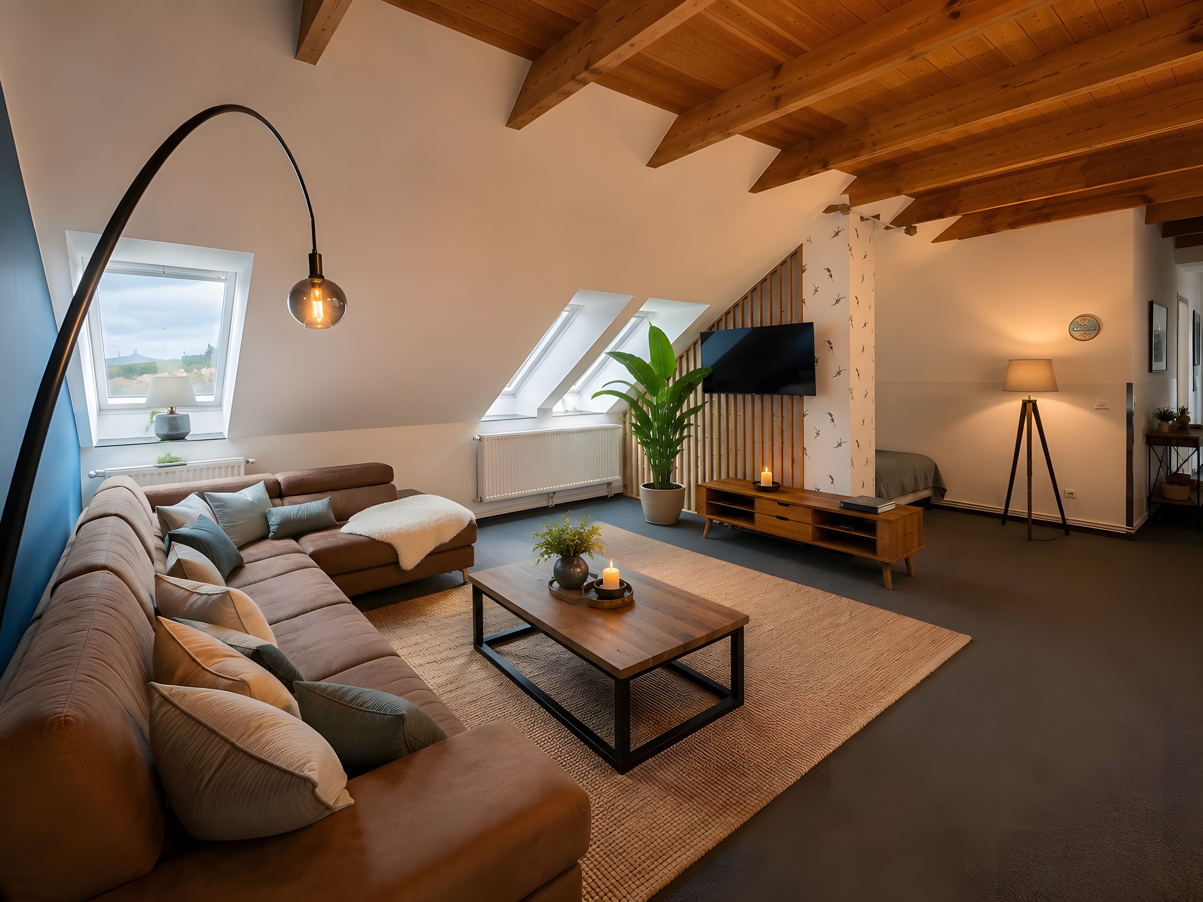 Ein modernes Wohnzimmer mit einer Couch, einem Couchtisch und einem Fernseher.