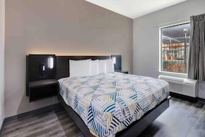 A modern hotel room with a large bed, a nightstand, a wall-mounted TV, and a window with a view of a zoo. - 1 King Bed | Non-Smoking, Kitchen (Katy)