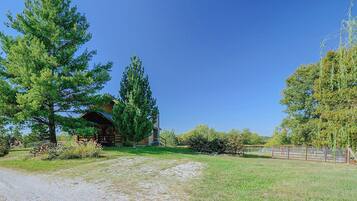A rustic cabin with a gravel driveway, surrounded by trees and a fenced area.