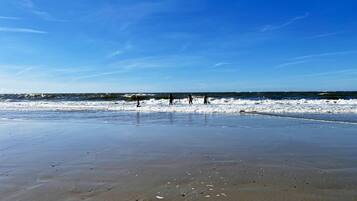 A beach with people walking along the shore, a clear sky, and waves approaching the beach.