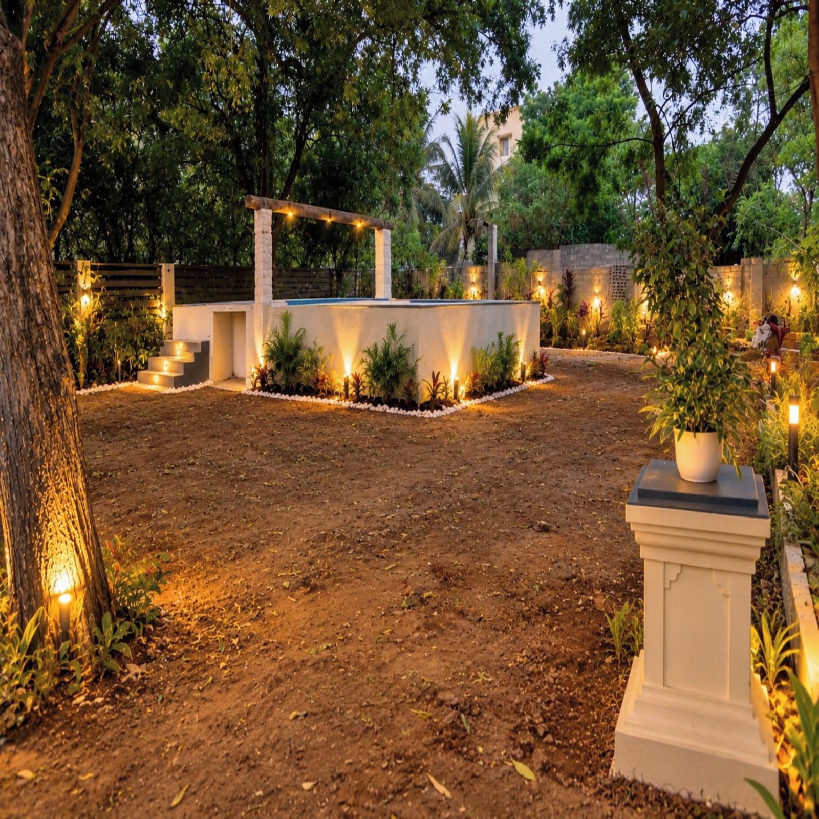 A well-lit outdoor area with a stone structure, steps leading to a covered area, and surrounding greenery.