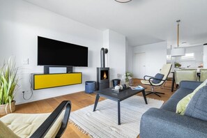 A modern living room with a flat-screen TV, a fireplace, a sofa, and a dining area. - Apartment in Olpenitz with swimming pool (Olpenitz)
