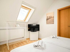 Ein Schlafzimmer mit Dachfenster, einem Bett, einem Fernseher, einer Heizung und einer Holztür.