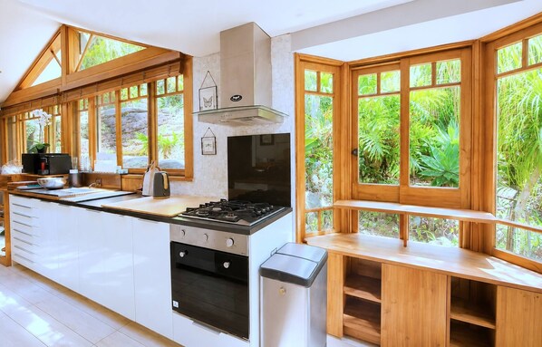 A modern kitchen with a central island, a stove, and a built-in oven. Large windows provide views of greenery outside.