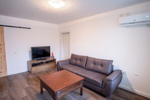 Un salon avec un canapé en cuir marron, une table basse en bois, un téléviseur posé sur un meuble en bois et un climatiseur fixé au mur.