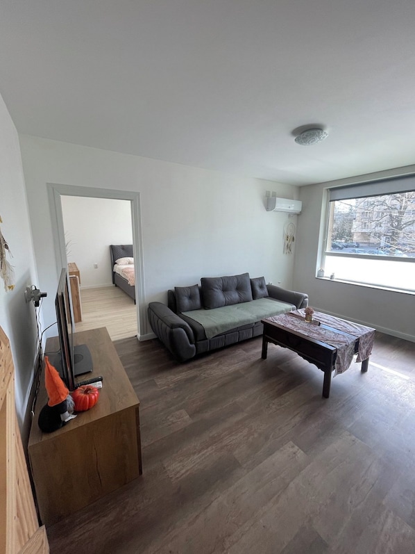 Una sala de estar moderna con un sofá, una mesa de centro y un televisor sobre un soporte de madera.