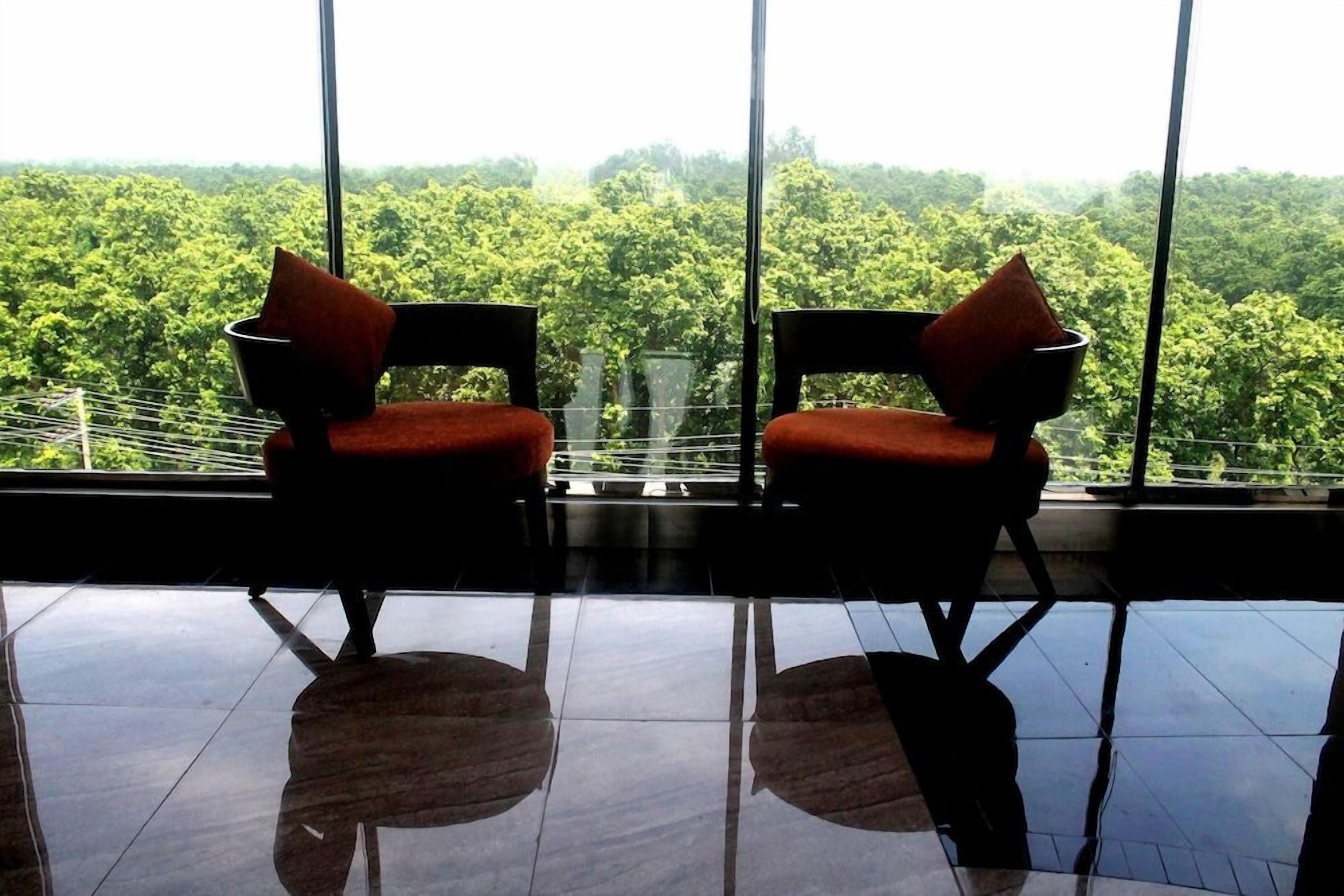 Two chairs with cushions, a glass table, and a view of a forest through large windows.