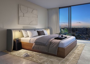 Une chambre moderne avec vue sur la ville, un grand lit et une table de chevet.