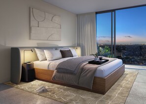 Un dormitorio moderno con vista a la ciudad, una cama grande y una mesita de noche.