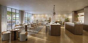 Un interior moderno con comedor, bar y cocina.