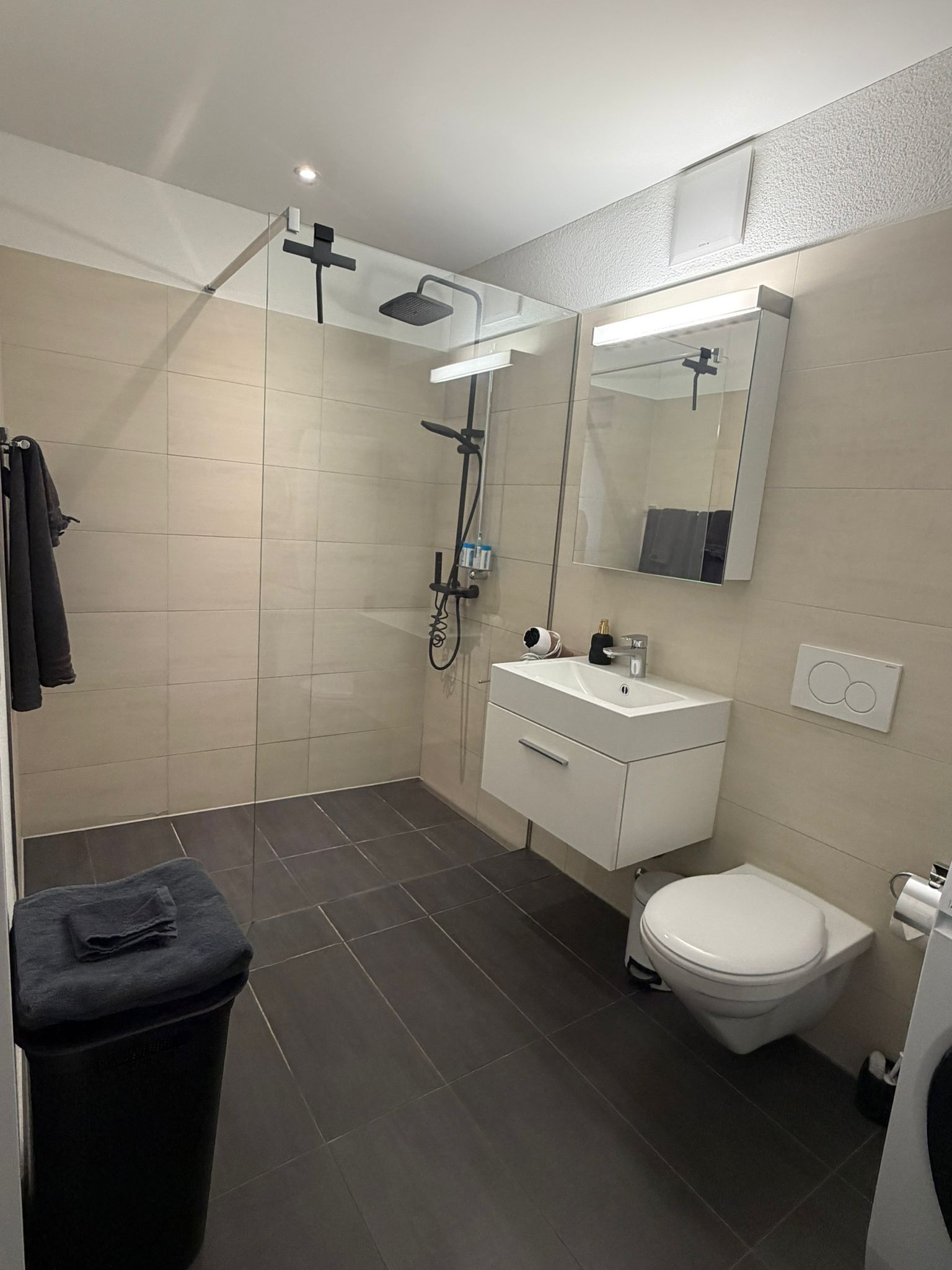 Une salle de bain moderne équipée d  ’une douche, de toilettes et d’un lavabo.