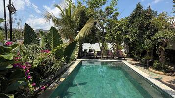 A rectangular swimming pool with a tiled edge, surrounded by lush greenery and a clear blue sky.
