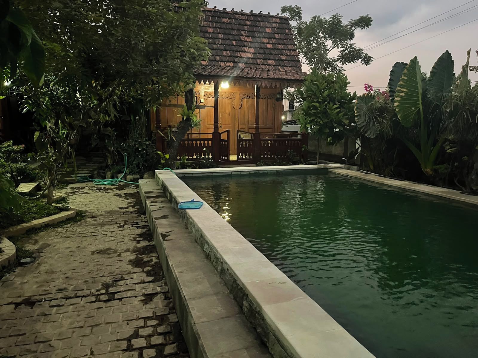 Una piscina con cerramiento de madera, rodeada de abundante vegetación y un edificio con techo de tejas.