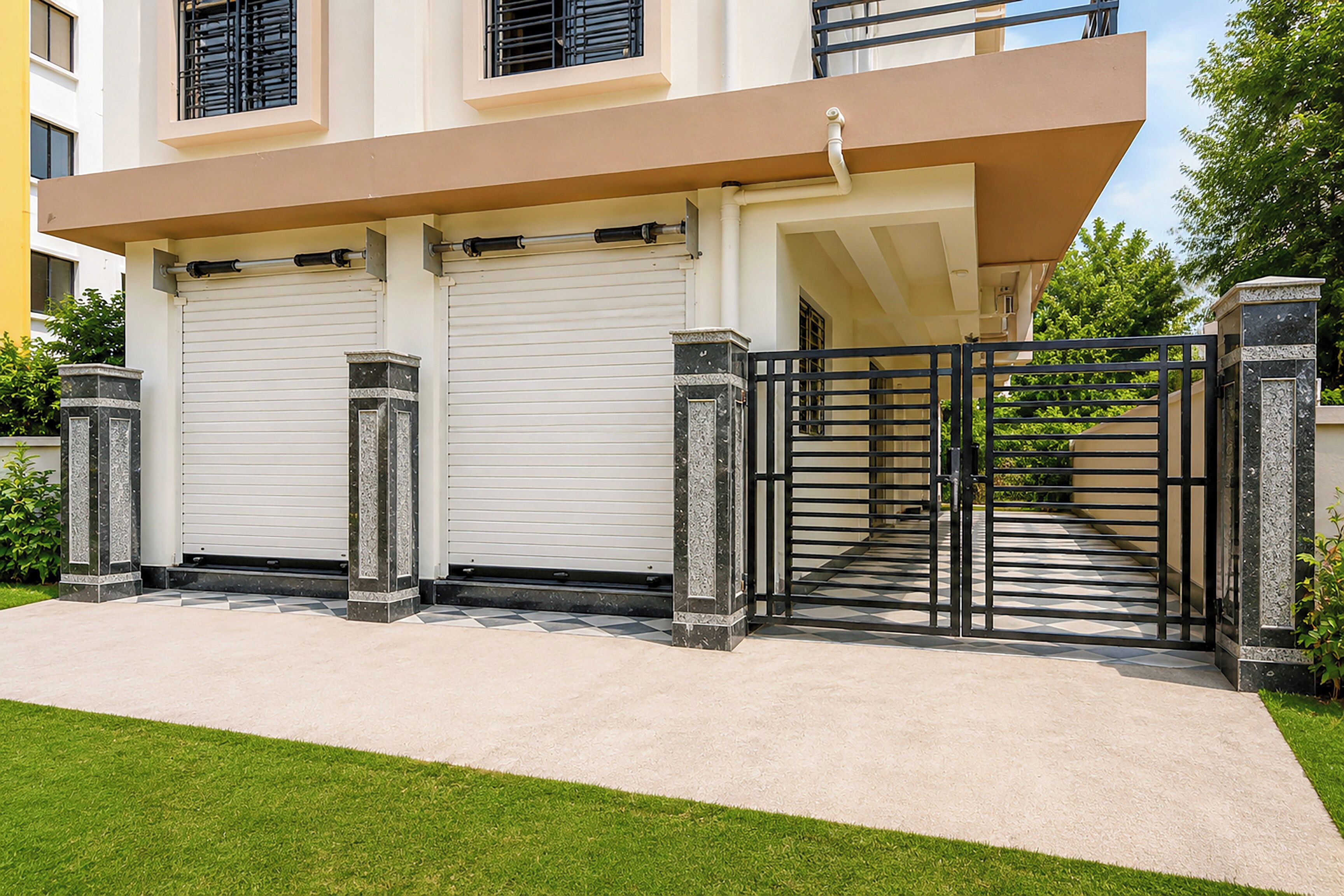 A modern two-story house with a gated entrance, a garage, and a well-maintained lawn.